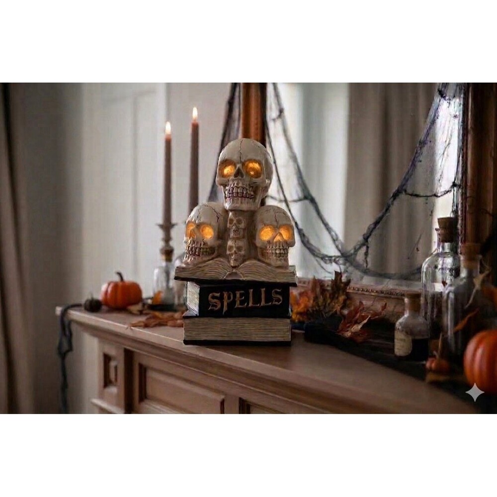 Midnight Spell LED Light Up Stacked Skulls on Spells Books Halloween Prop Decor